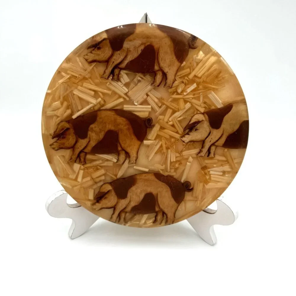 Colorflo Vintage Handmade Farm-Pigs-Hay Embedded Lucite Resin Trivet